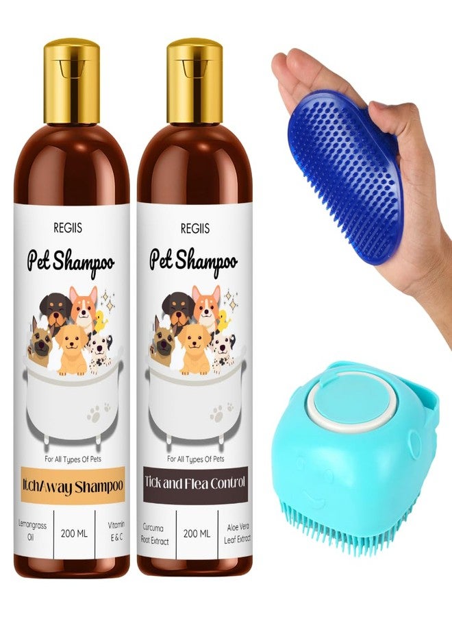 مجموعة شامبو الحيوانات الأليفة من ريجيس مع فرشاة تنظيف، زيت عشبة الليمون والصبار، لمكافحة القراد والبراغيث، 200 مل، عبوة من قطعتين مع فرشاة استحمام سيليكون (عبوة من 4 قطع) - Image 1